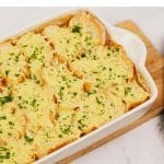 baking dish full of french onion sausage casserole ready to serve