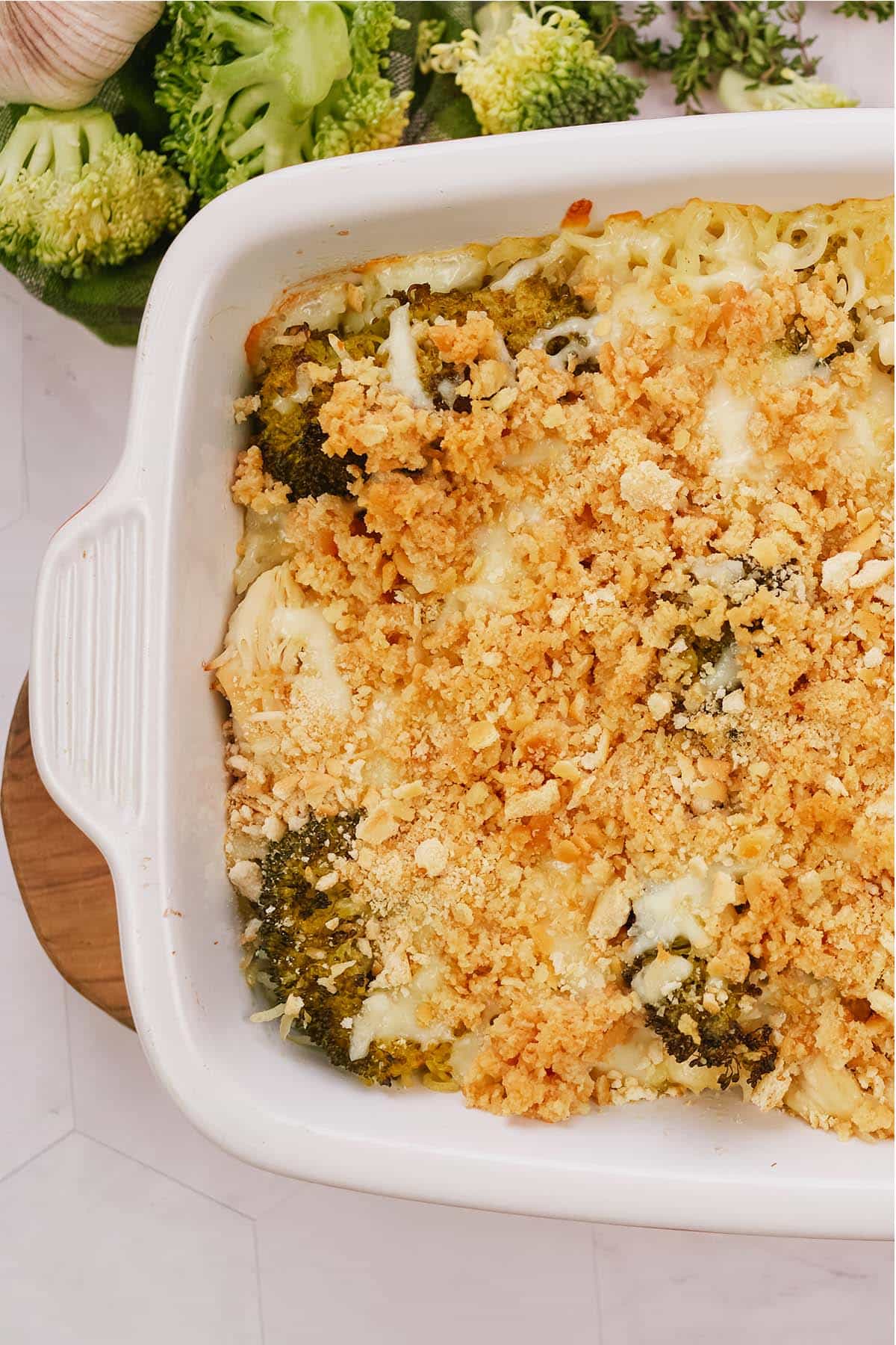 closeup of a casserole dish of garlic cheddar chicken bake