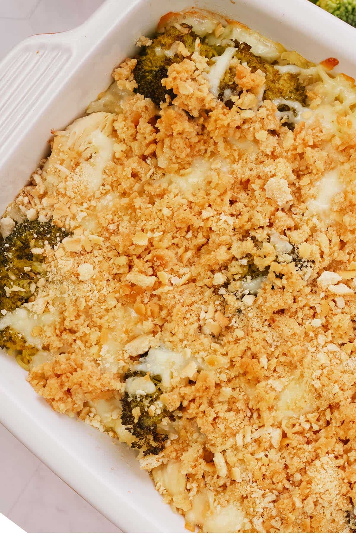 overhead view of garlic cheddar chicken bake in a casserole dish