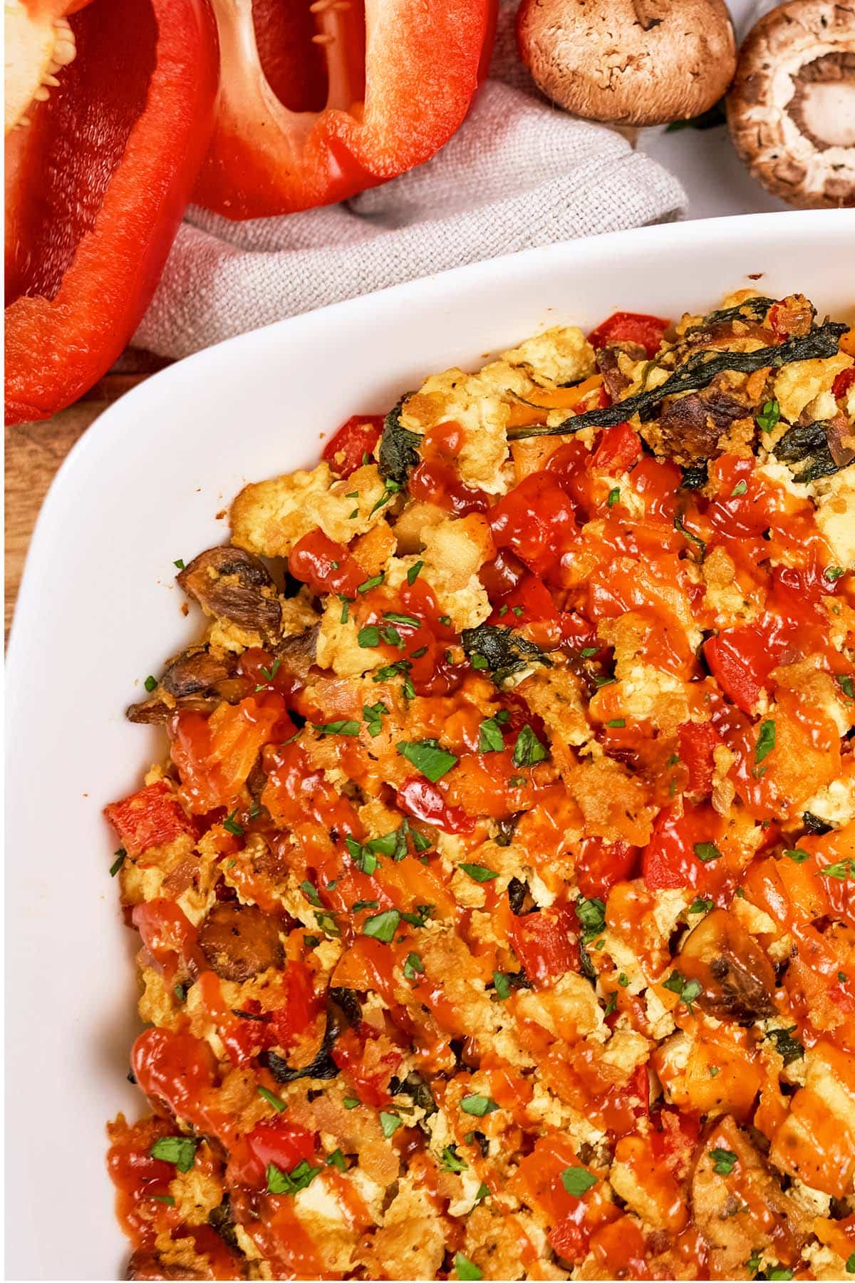 closeup of a baking dish filled with scrambled tofu casserole