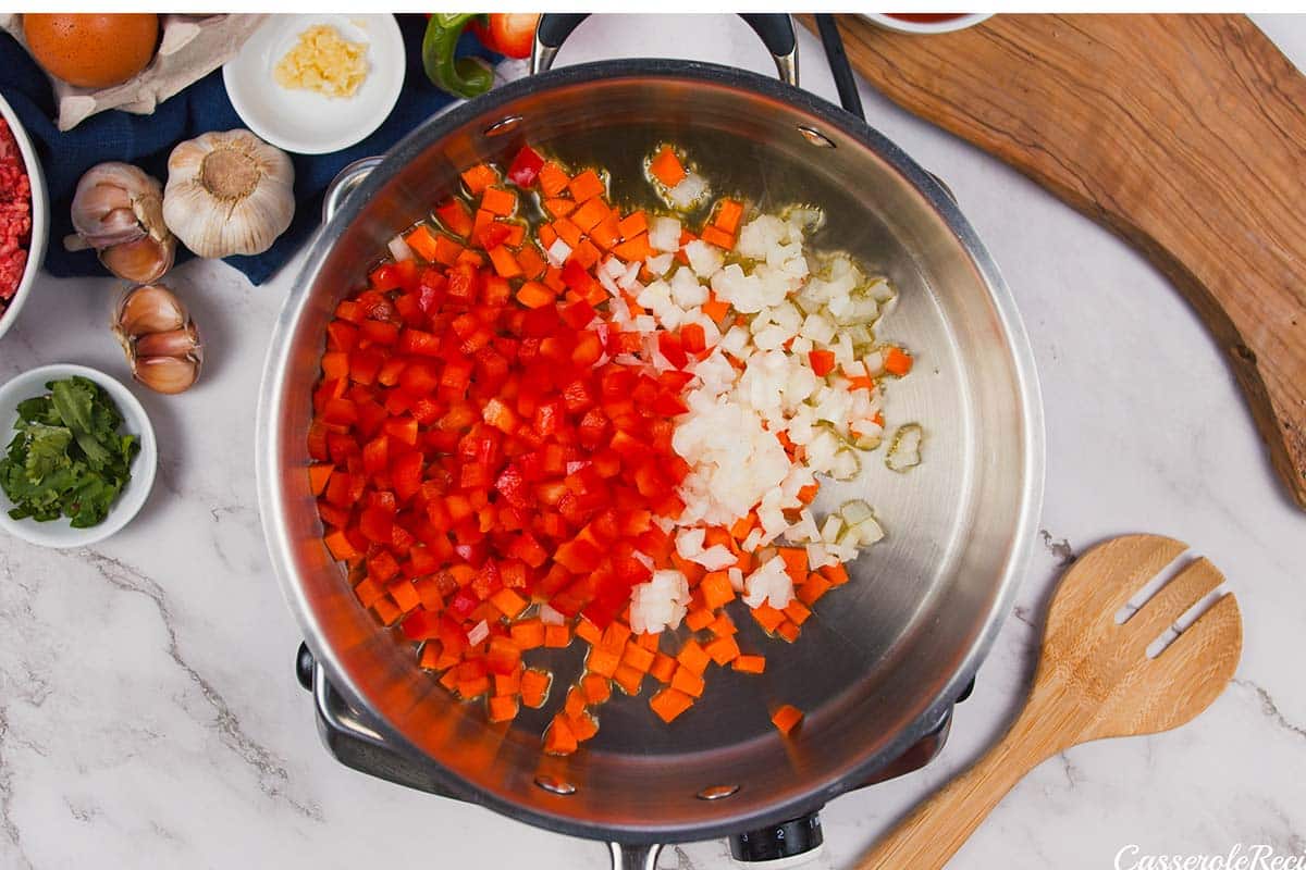 vegetables being sautéed to make flaky sloppy joe casserole