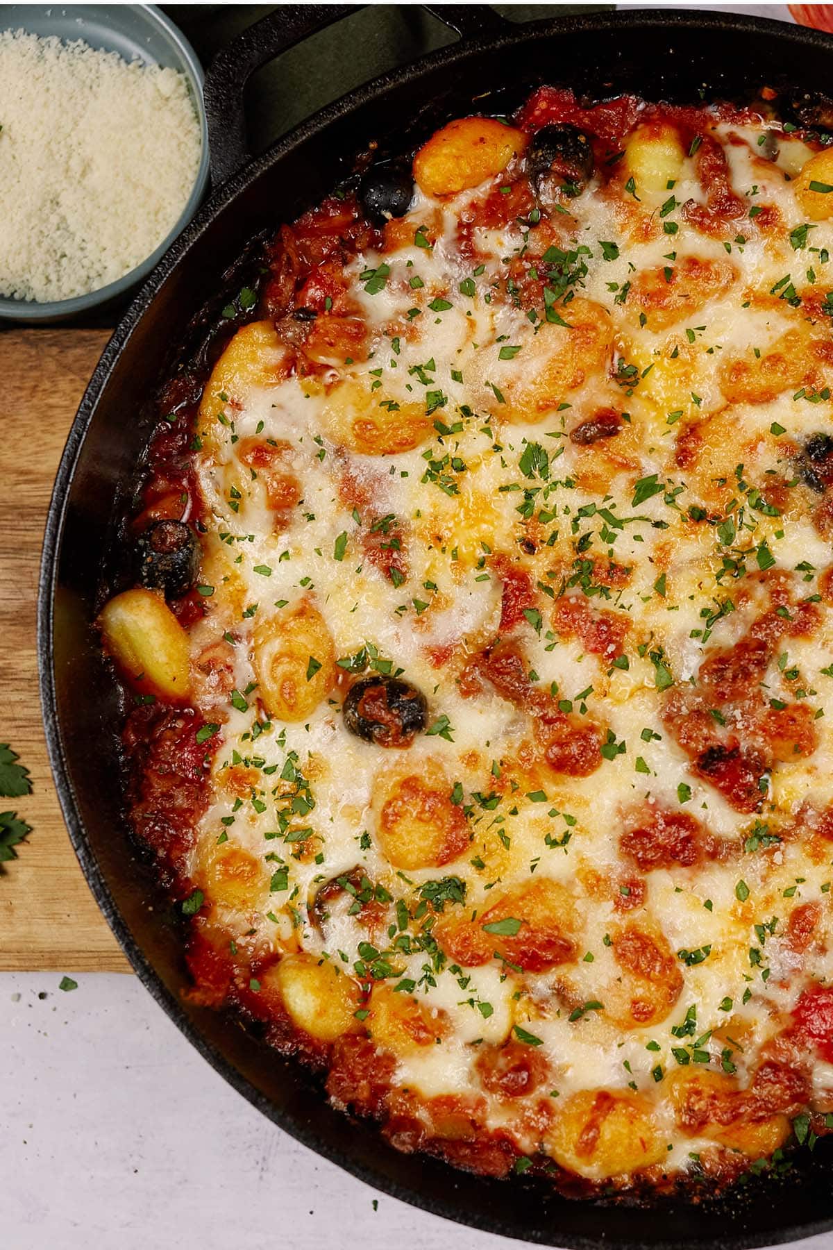 casserole dish of supreme pizza gnocchi on a table