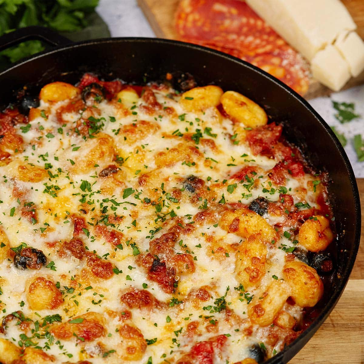 casserole dish of supreme pizza gnocchi ready to serve