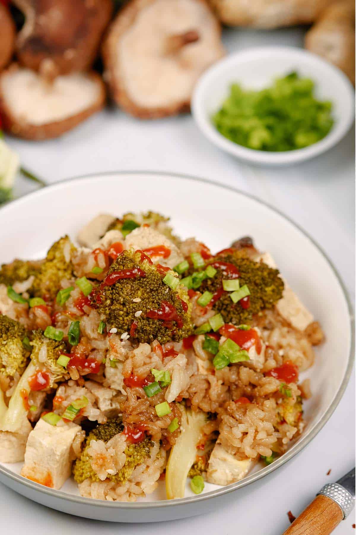 bowl containing a serving of teriyaki tofu rice casserole on a table