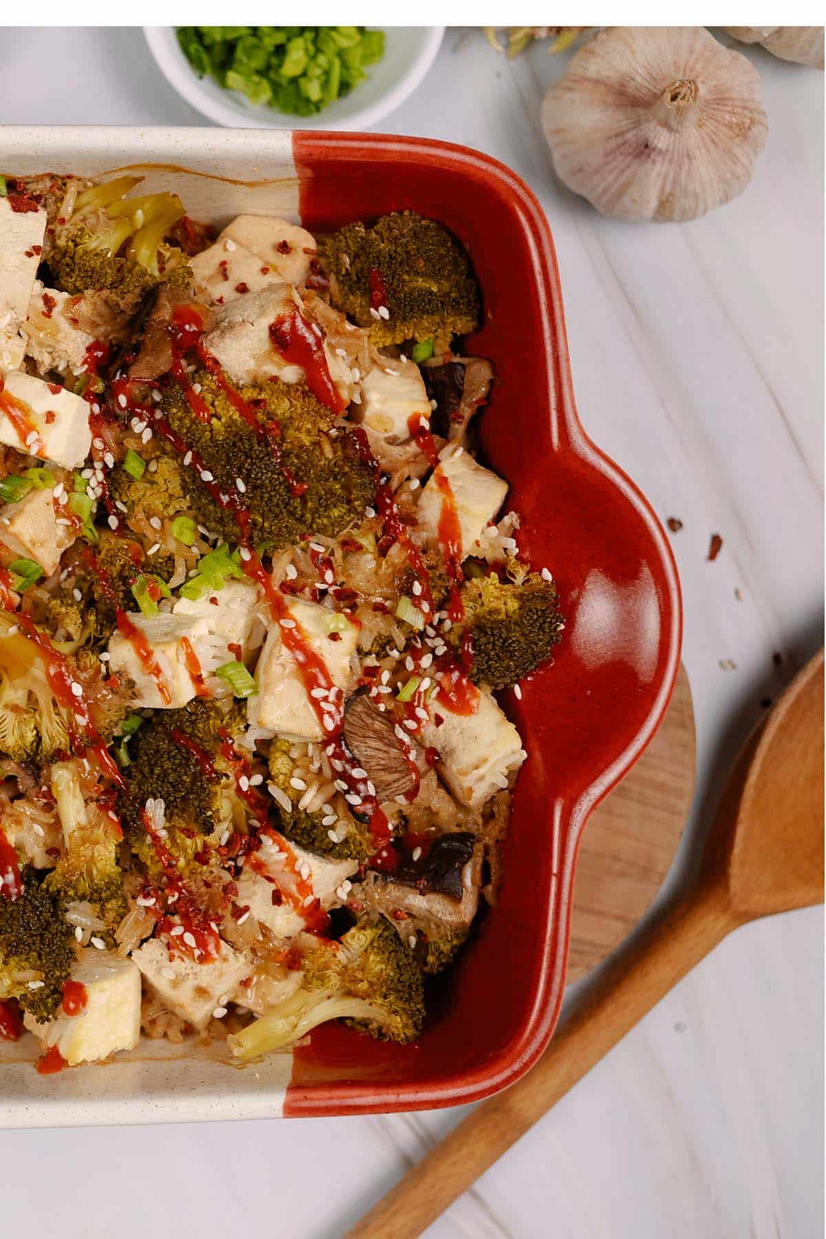 baking dish of teriyaki tofu rice casserole on a table