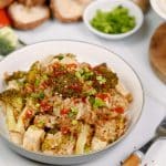 serving of teriyaki tofu rice casserole in a bowl on a table ready to enjoy