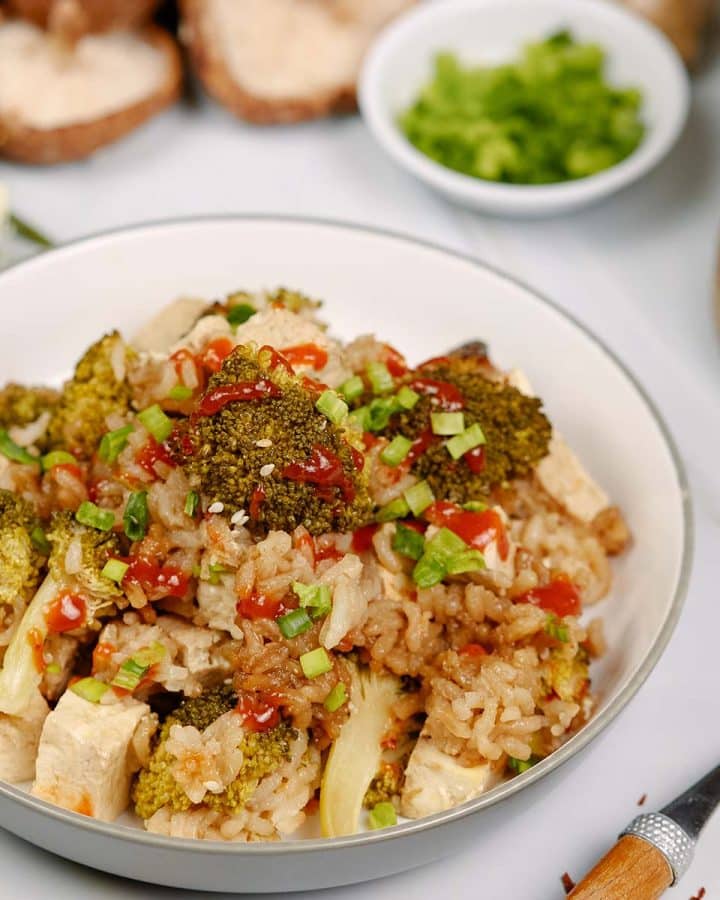 serving of teriyaki tofu rice casserole in a bowl on a table ready to enjoy