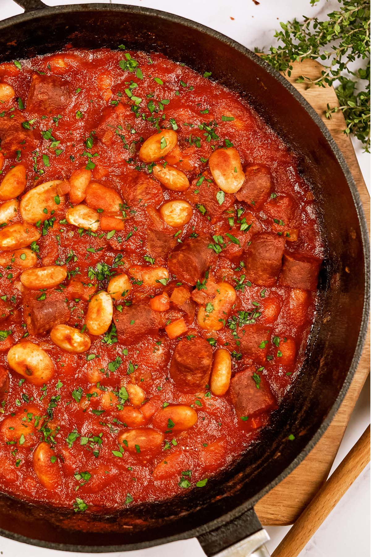 pan of vegan sausage casserole on a table