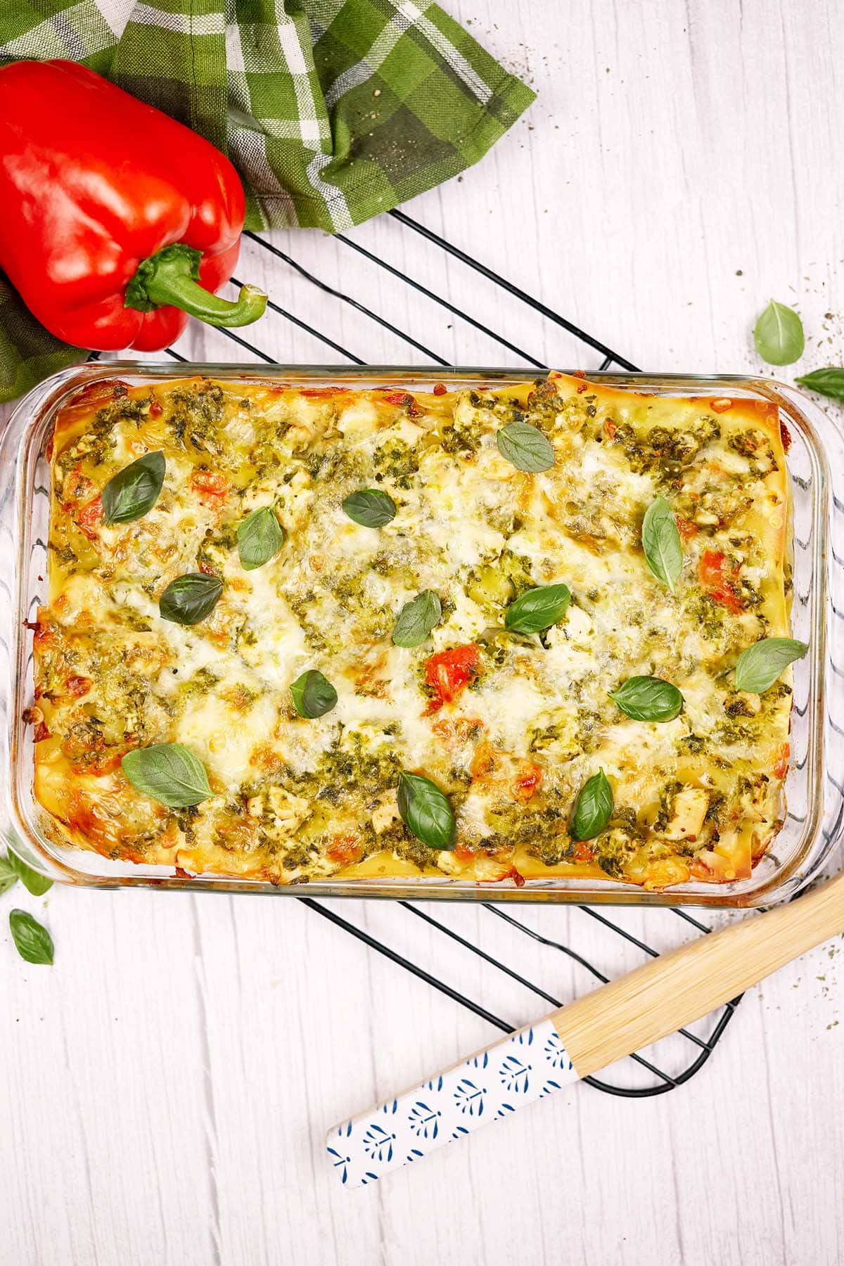 baking dish of Chicken Caesar Lasagna ready to serve