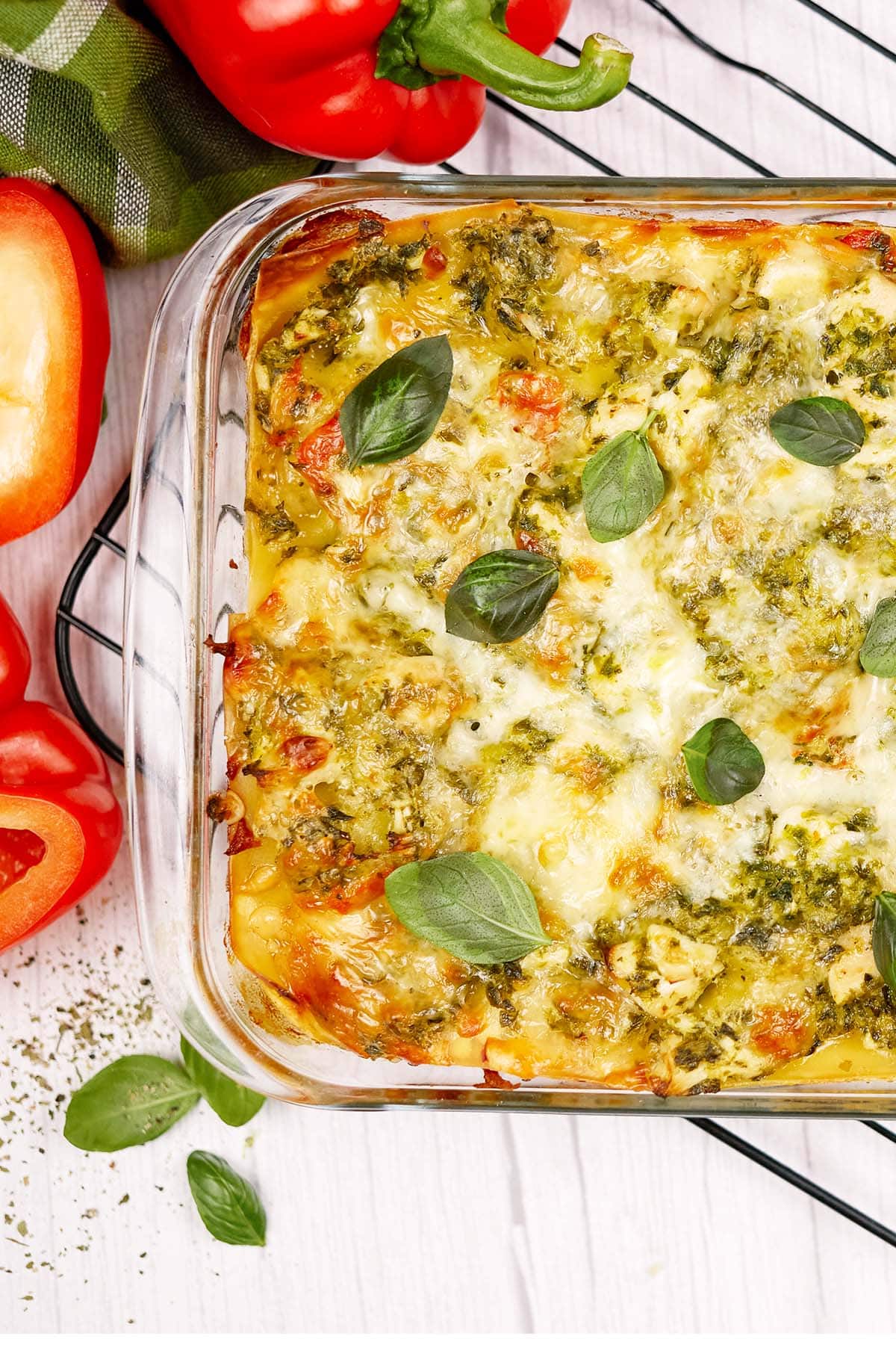 baking dish of Chicken Caesar Lasagna on a table ready to serve