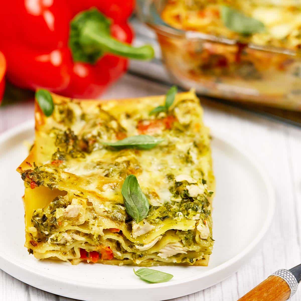 serving of Chicken Caesar Lasagna on a plate ready to enjoy