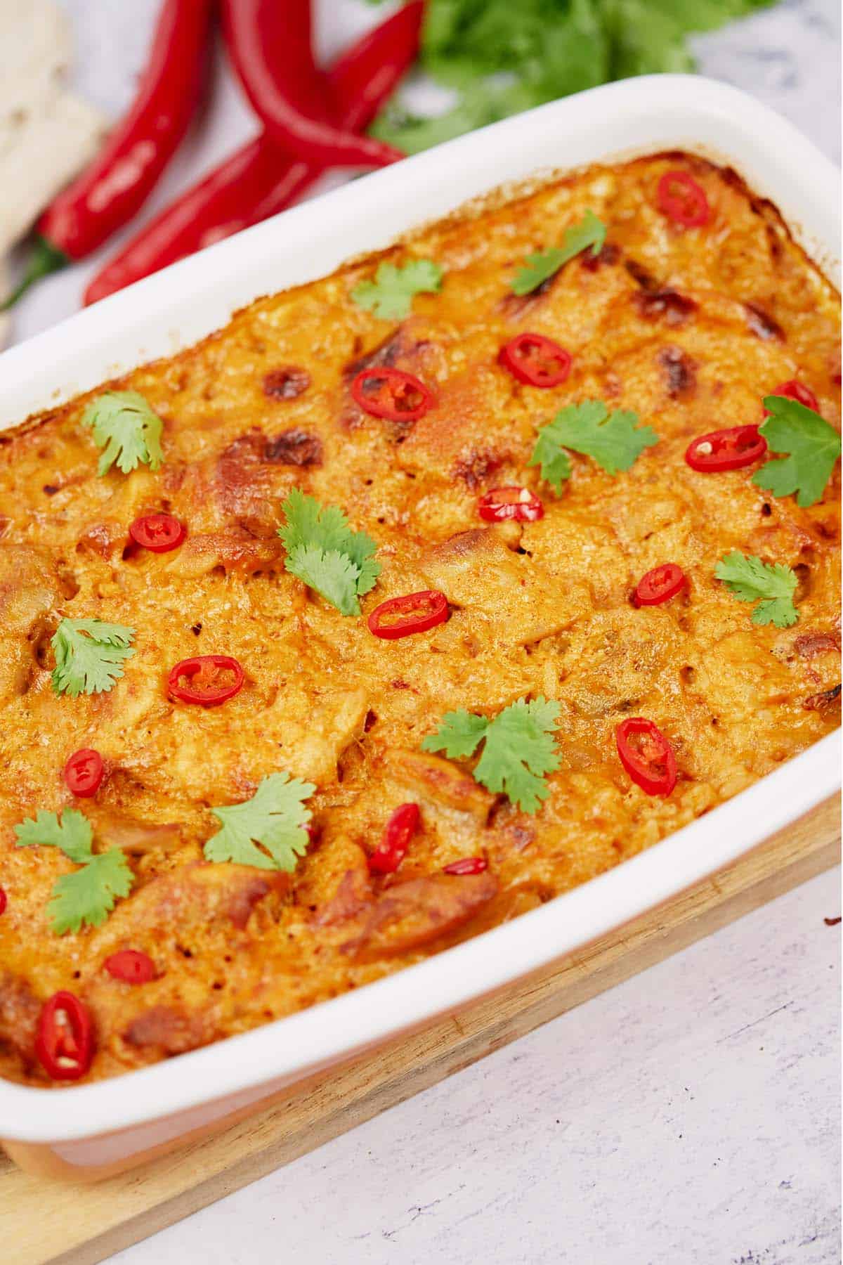 oven-fresh Chicken Panang Casserole in a baking dish ready to serve