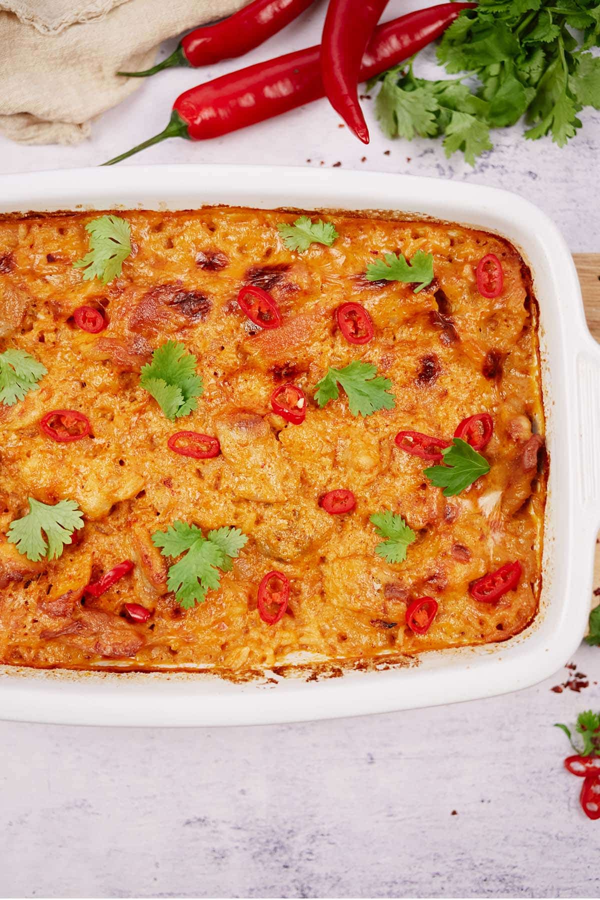 baking pan of Chicken Panang Casserole fresh from the oven ready to serve