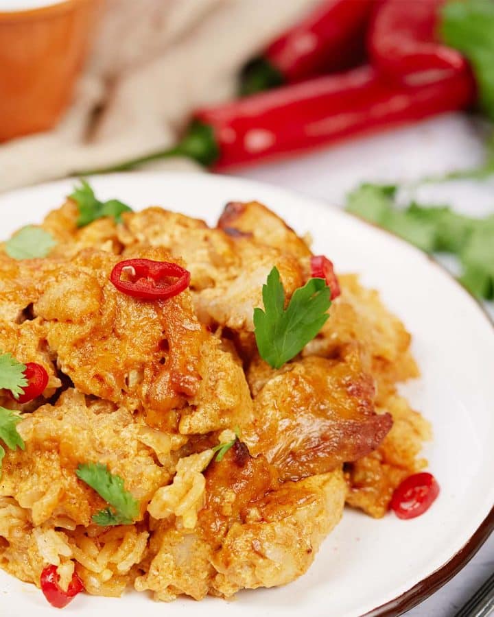 Chicken Panang Casserole on a plate ready to enjoy