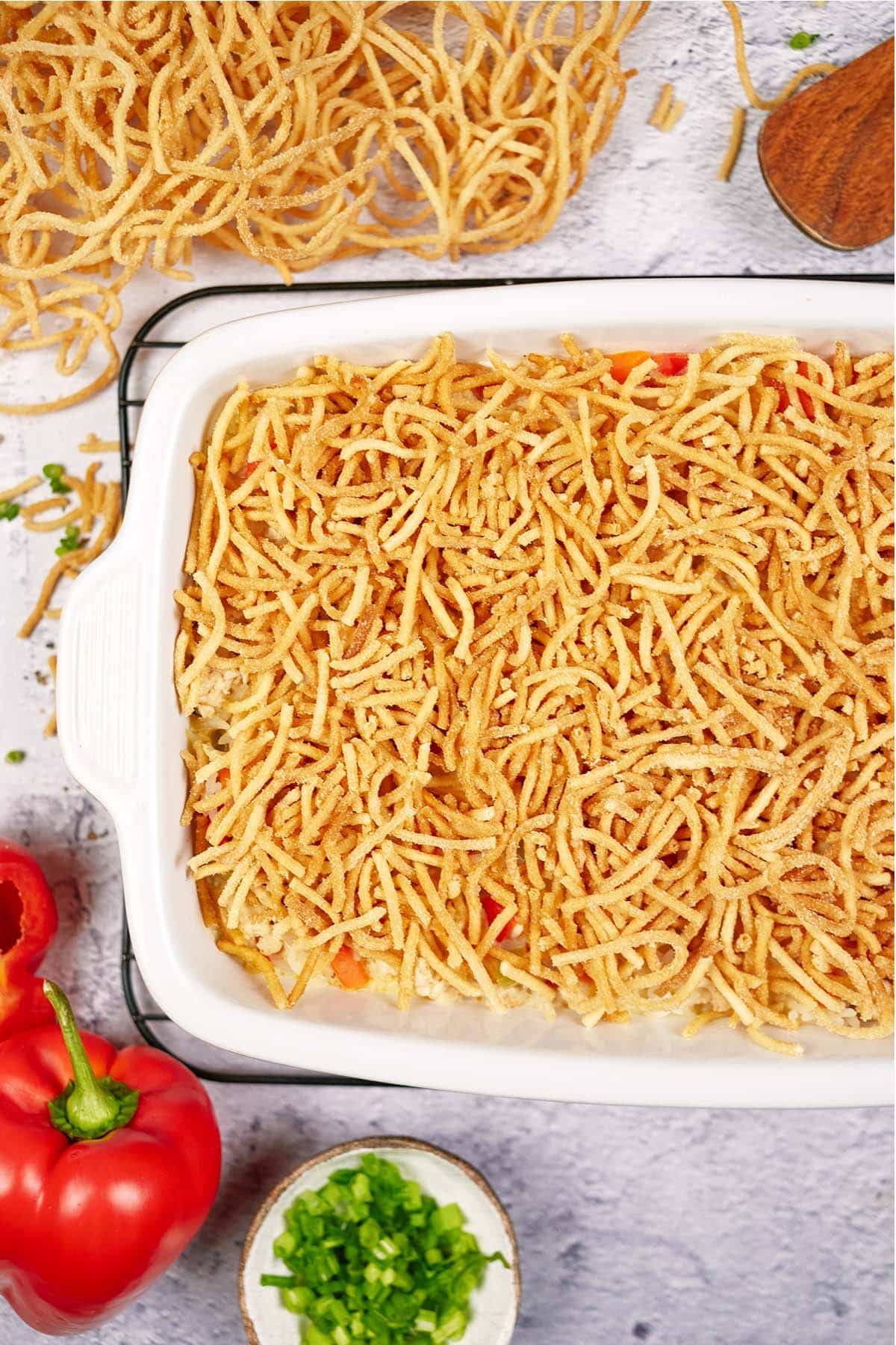 Chicken chow mein casserole in a baking dish ready to serve