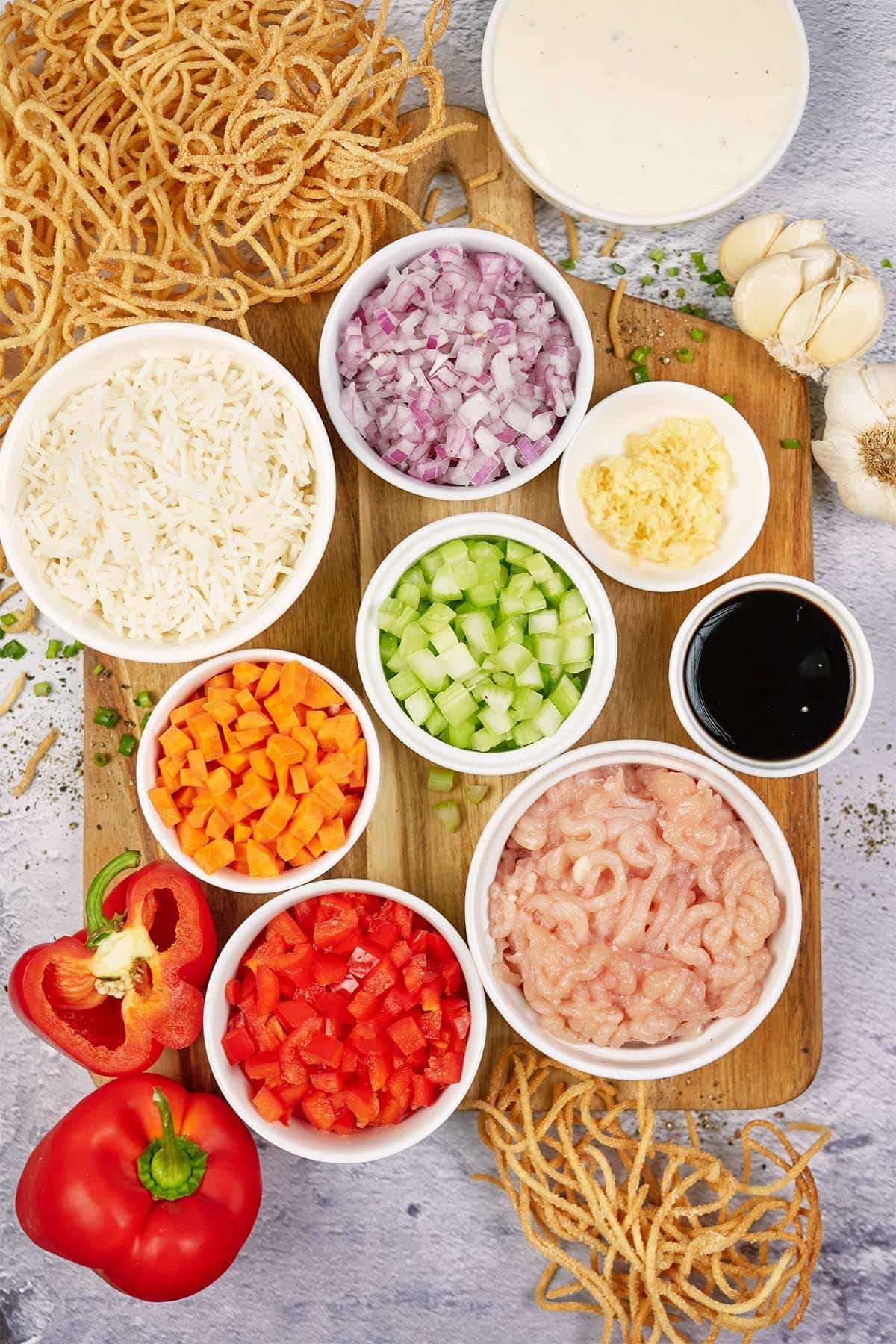 ingredients to make Chicken chow mein casserole laid out on a table