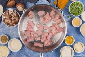 frying bacon to make a sauce for Tetrazzini Casserole