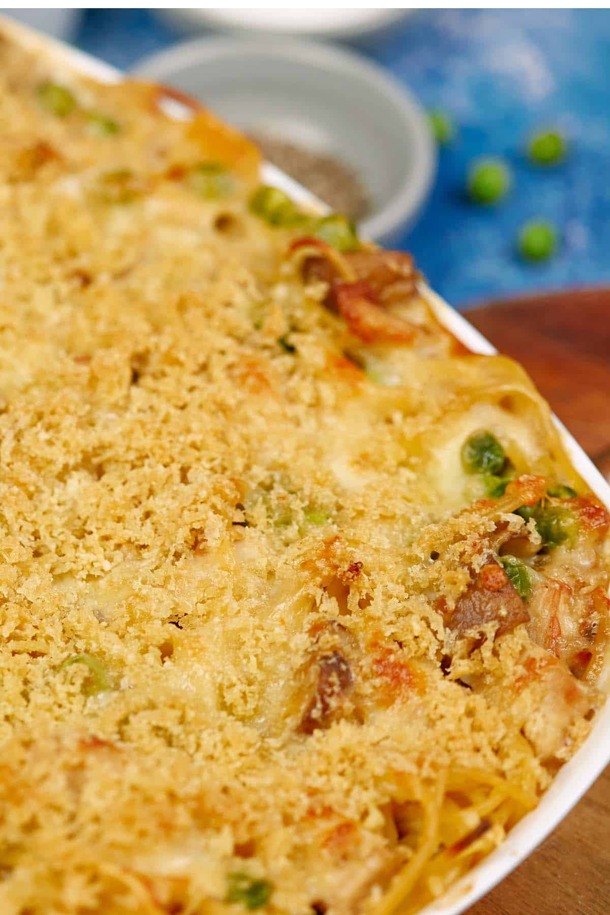 closeup of a baking dish of Tetrazzini Casserole