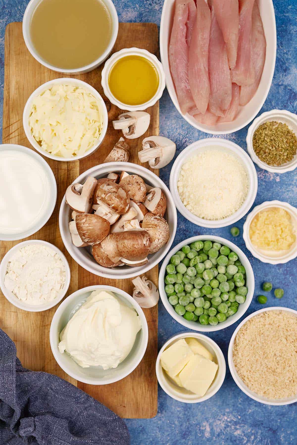 ingredients laid out on a table to make Tetrazzini Casserole