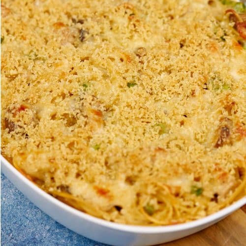closeup of a baking dish full of Tetrazzini Casserole