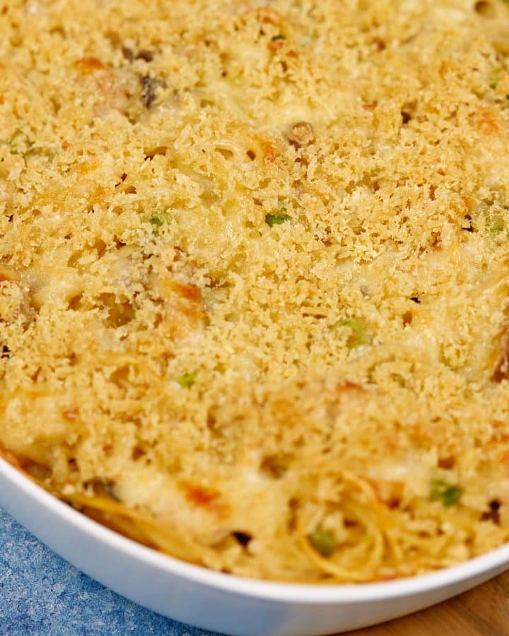 closeup of a baking dish full of Tetrazzini Casserole