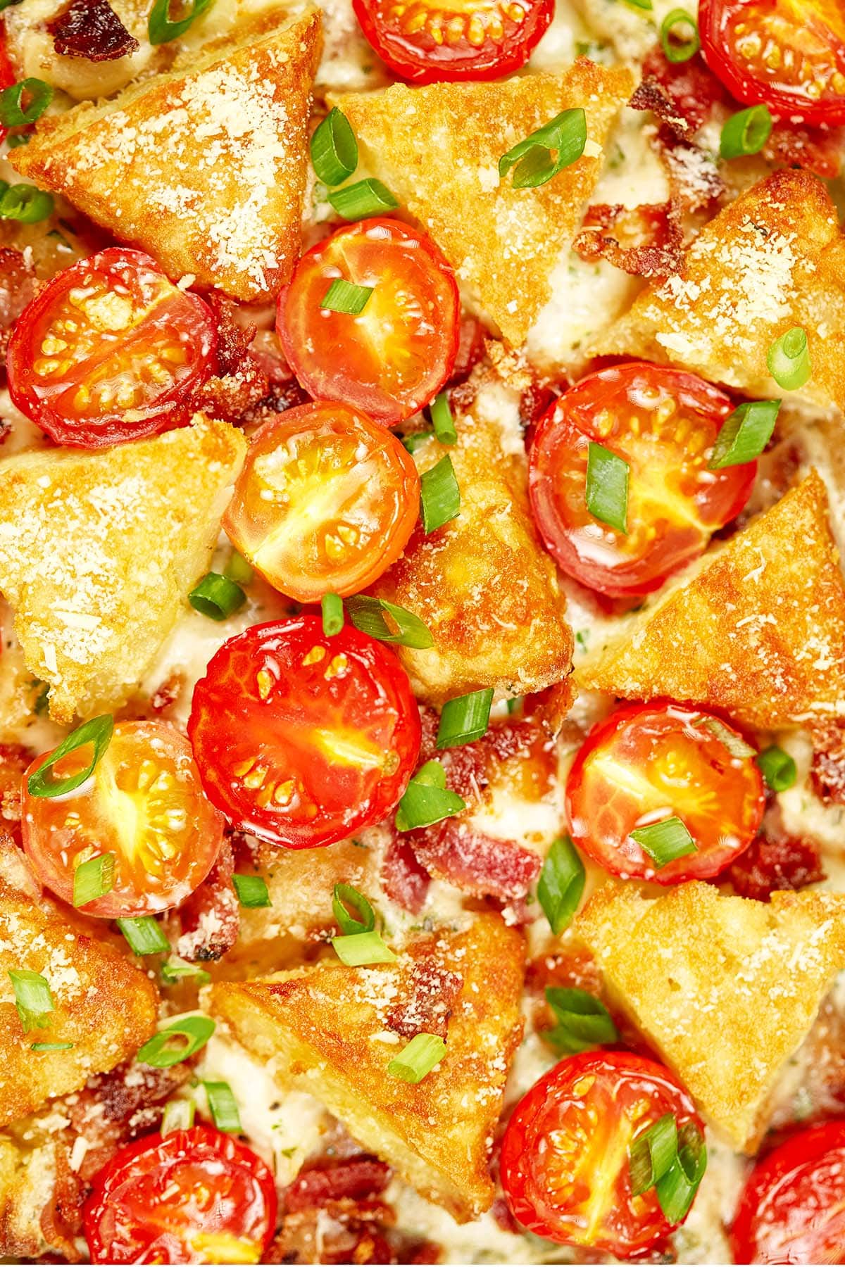 closeup of alfredo bacon tot casserole