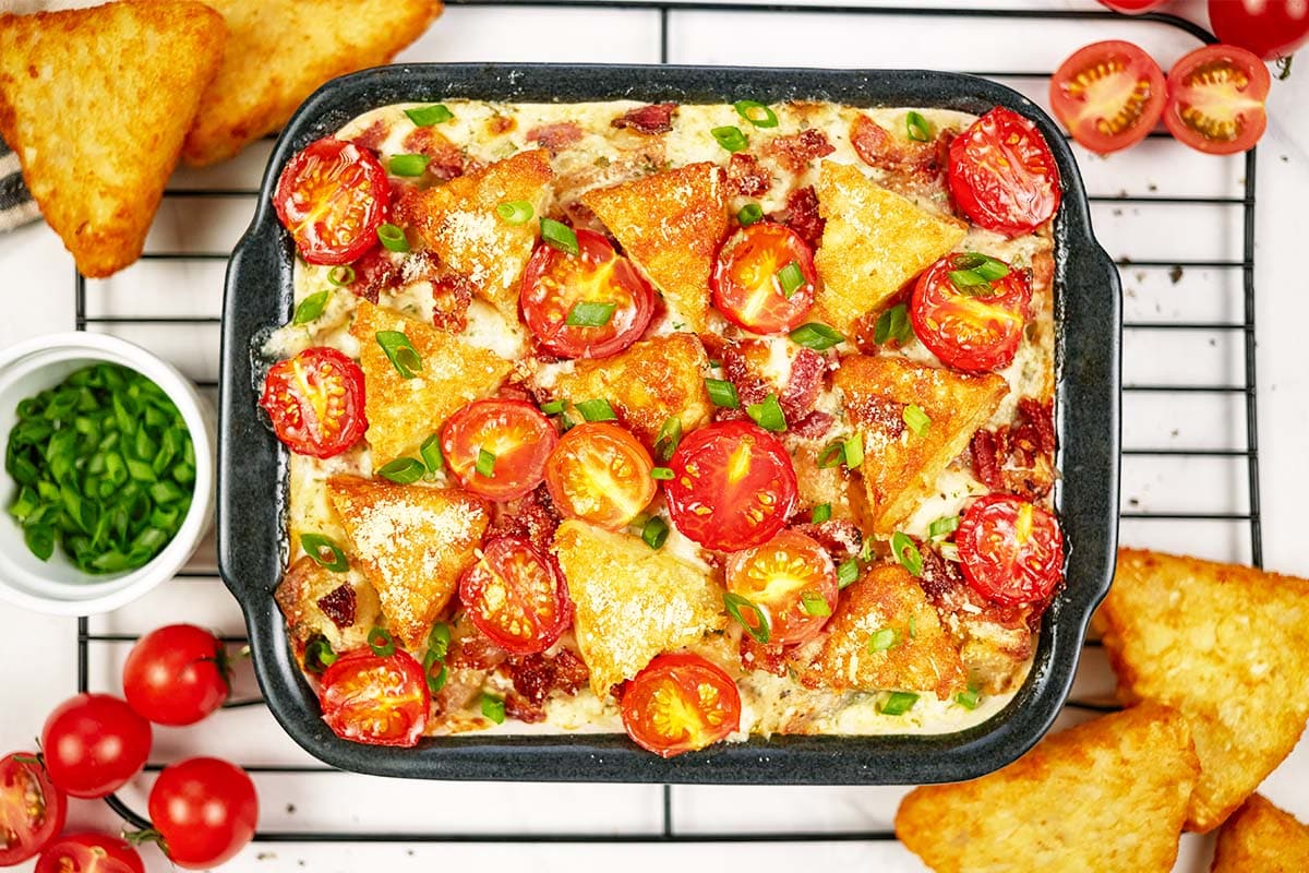 oven-fresh alfredo bacon tot casserole ready to serve