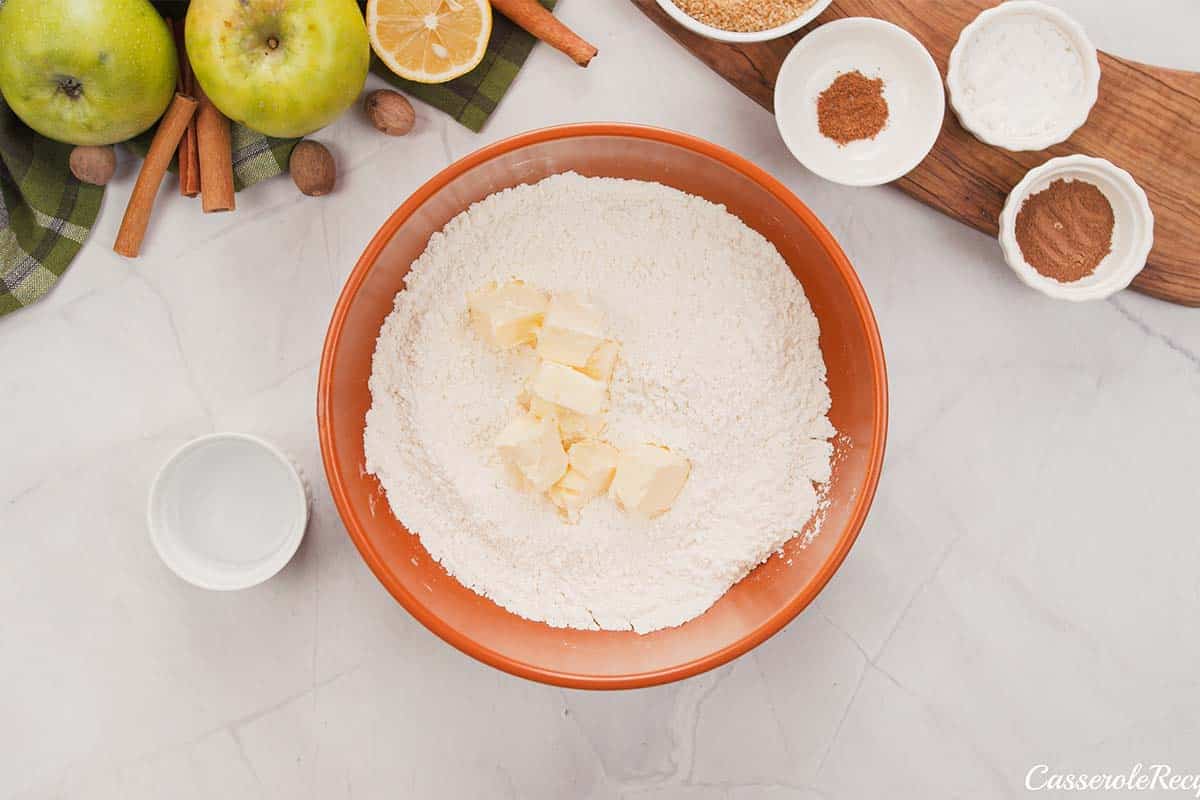 dry ingredients being combined to make apple pandowdy