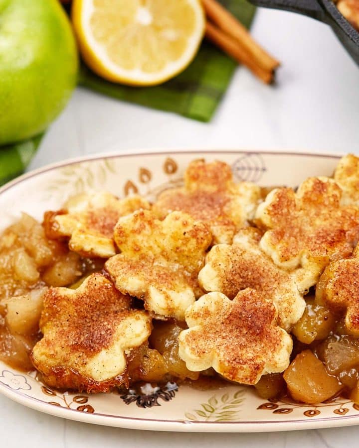 serving of apple pandowdy on a plate ready to enjoy