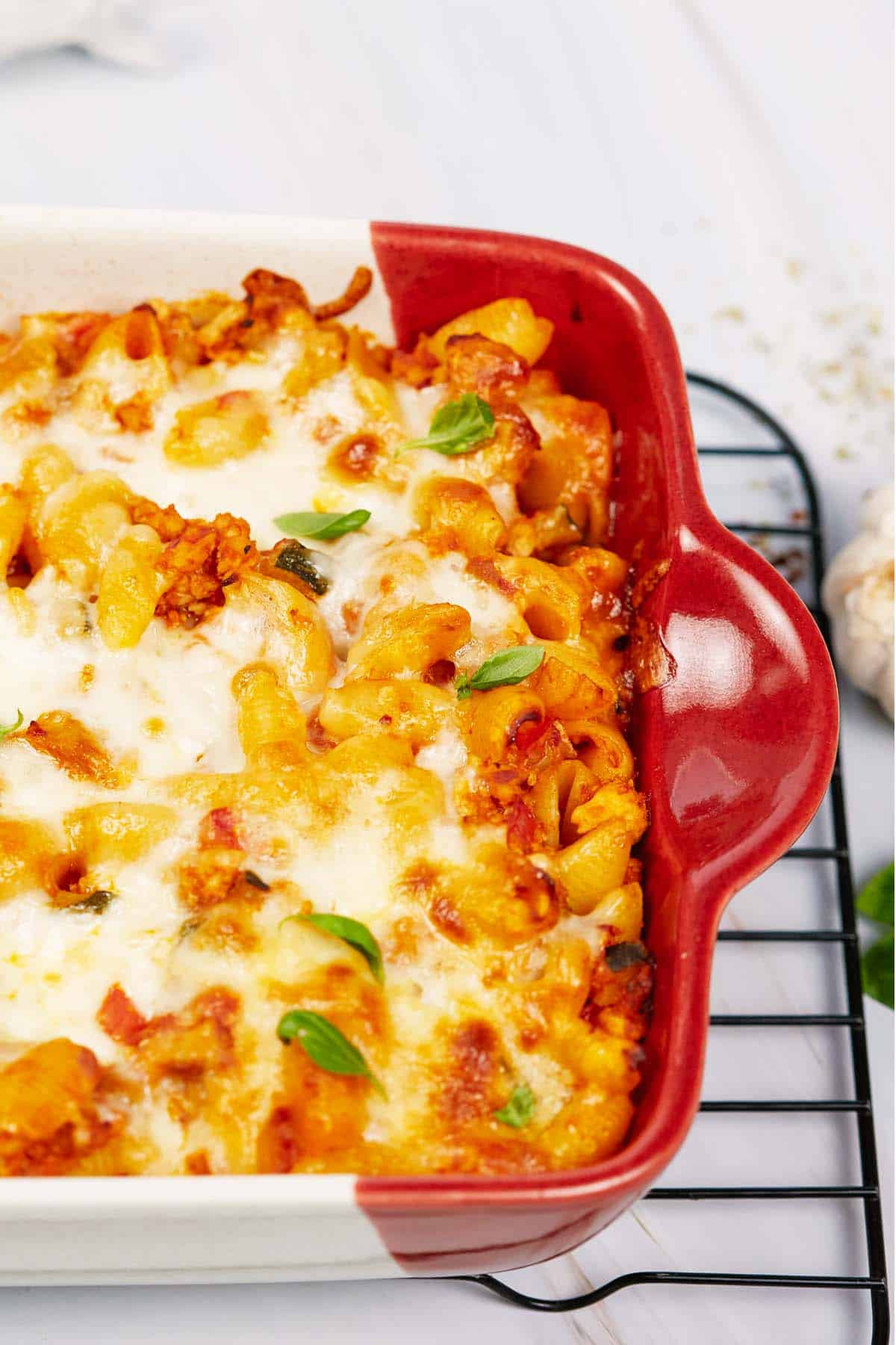 fresh from the oven baked cavatelli casserole in a baking dish ready to serve