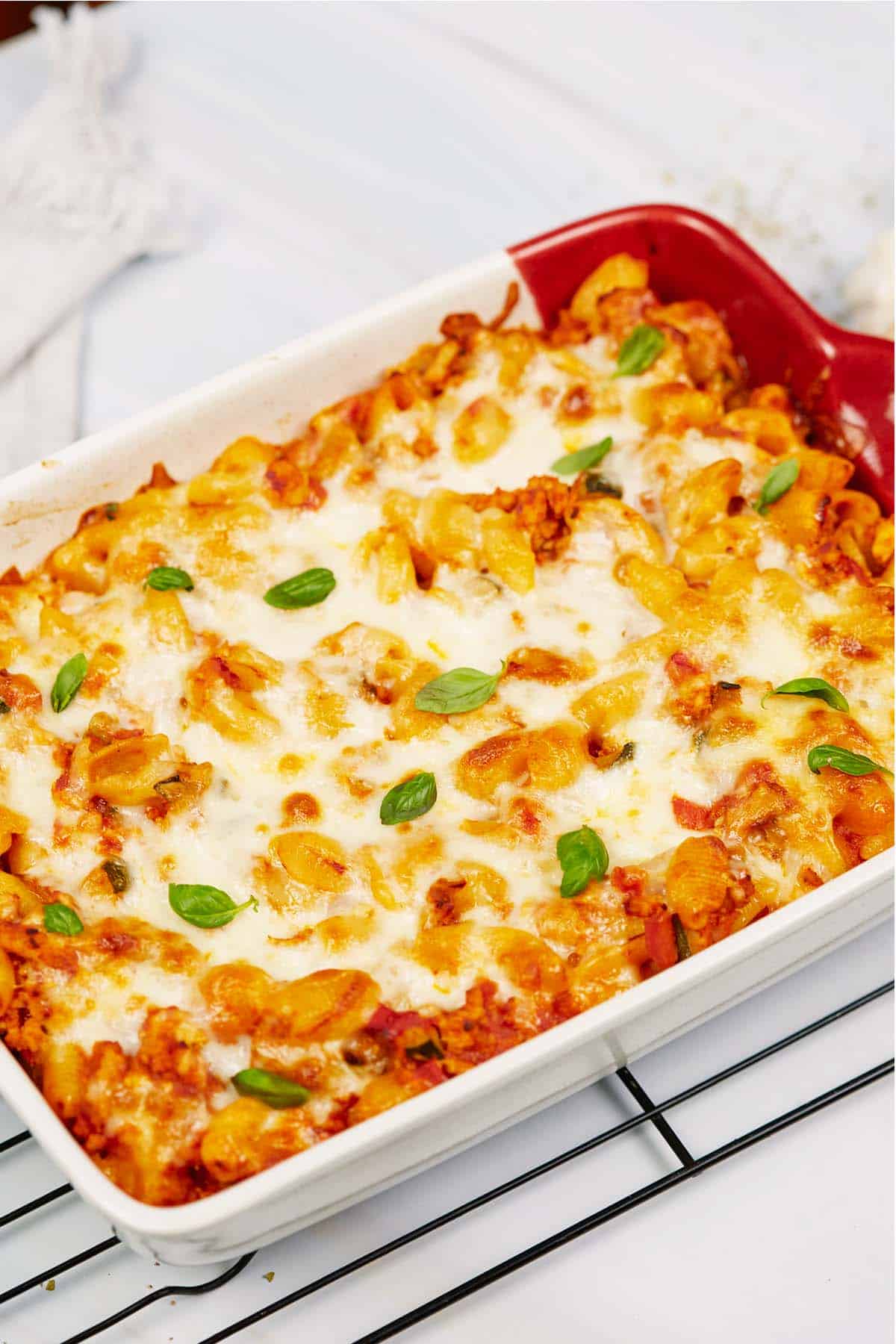 baking dish of baked cavatelli casserole ready to serve