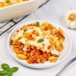 serving of baked cavatelli casserole on a plate ready to enjoy