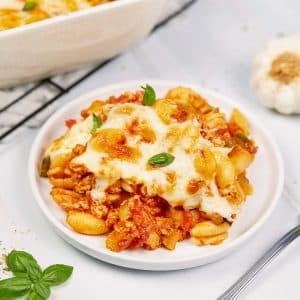 serving of baked cavatelli casserole on a plate ready to enjoy