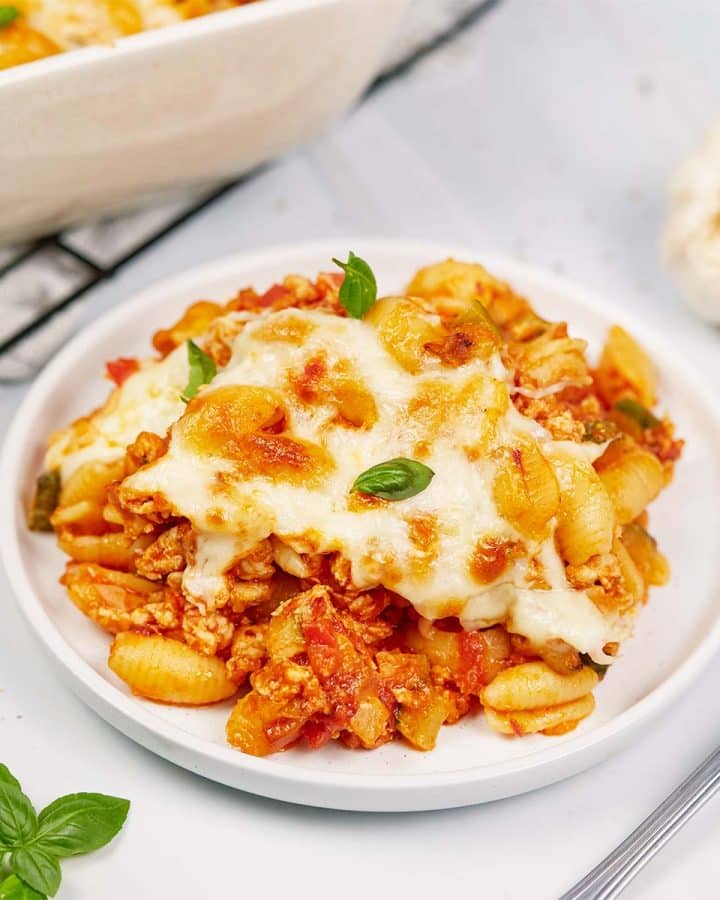 serving of baked cavatelli casserole on a plate ready to enjoy