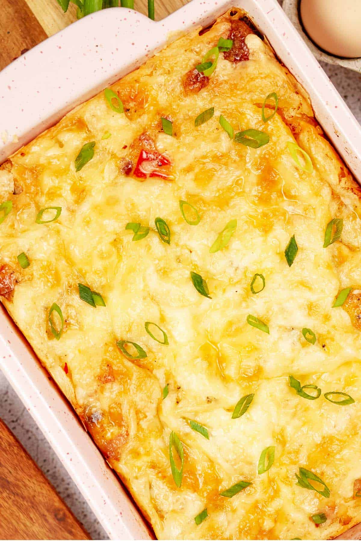 overhead view of baked denver omelette in a baking dish ready to serve