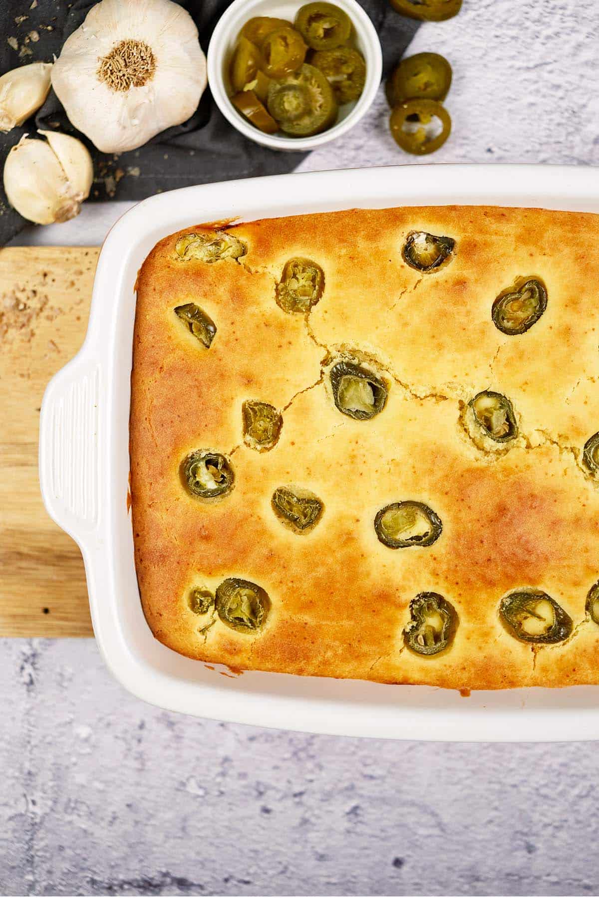 baking dish of bbq chicken pot pie right out of the oven and ready to serve