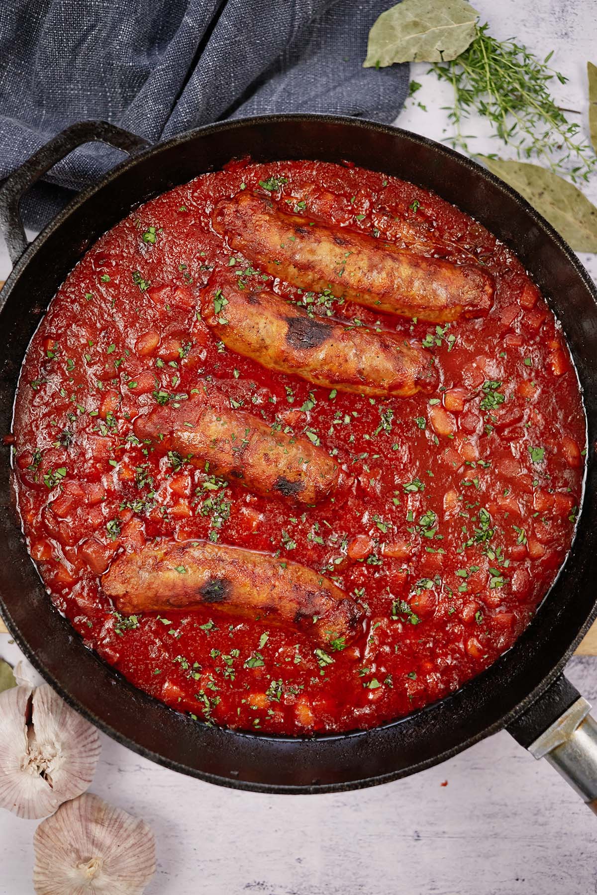 overhead view of a cast iron skillet of best ever sausage casserole