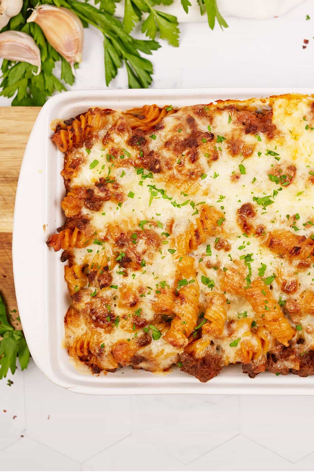 baking dish of cheeseburger casserole ready to serve