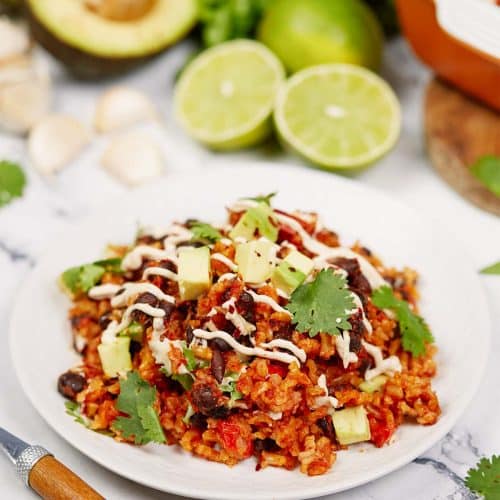 serving of chipotle black bean dump and bake casserole on a plate ready to enjoy