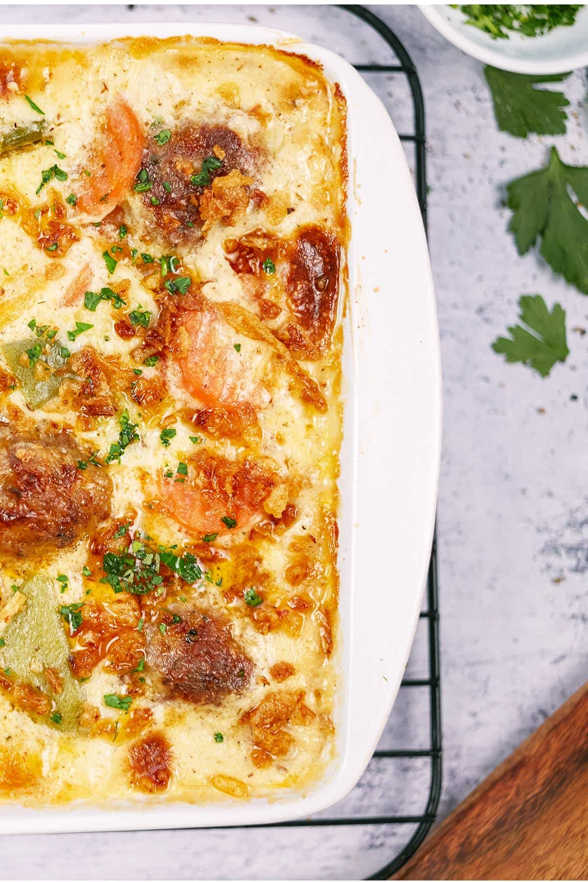 baking dish of creamy meatball casserole fresh from the oven and ready to serve