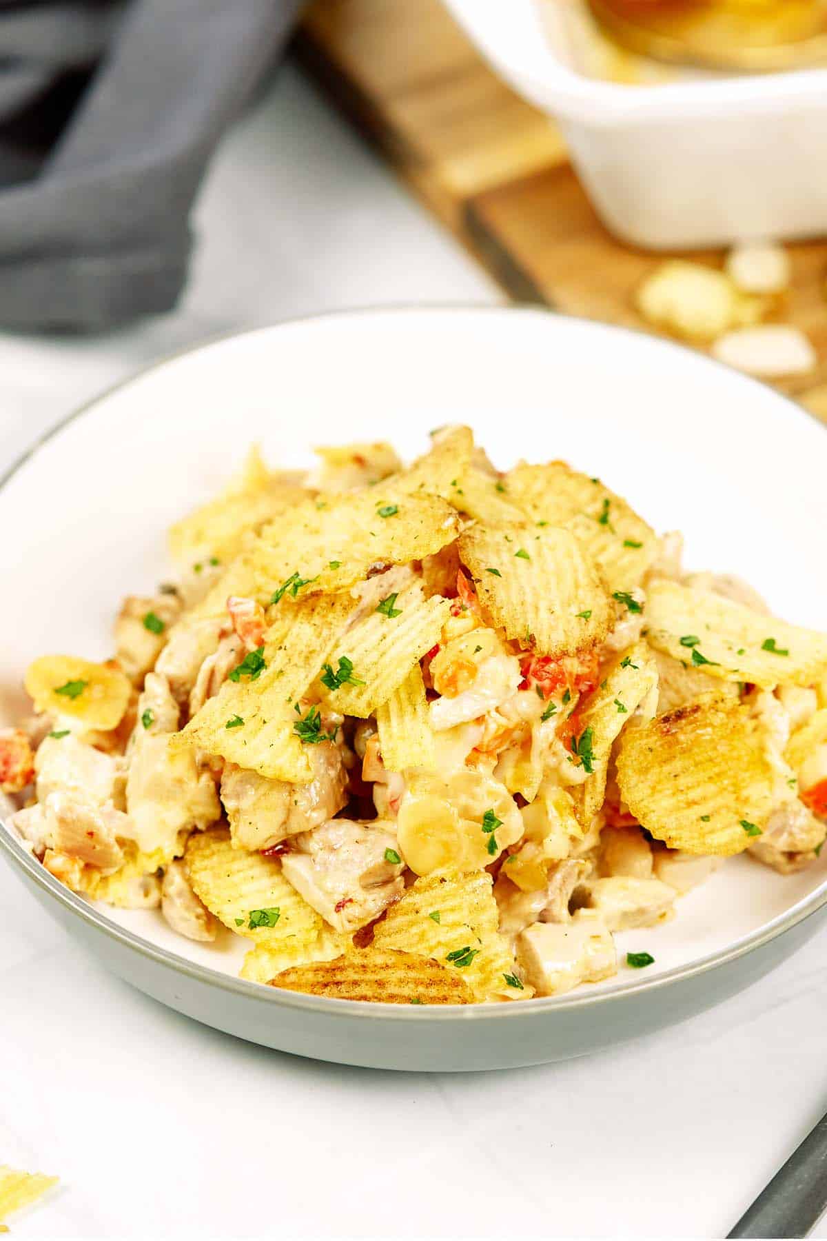 bowl with a serving of hot chicken salad bake ready to enjoy