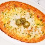 baking dish of hot sausage dip ready to serve
