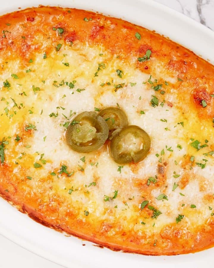 baking dish of hot sausage dip ready to serve