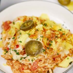 closeup of a bowl of king ranch chicken casserole ready to enjoy