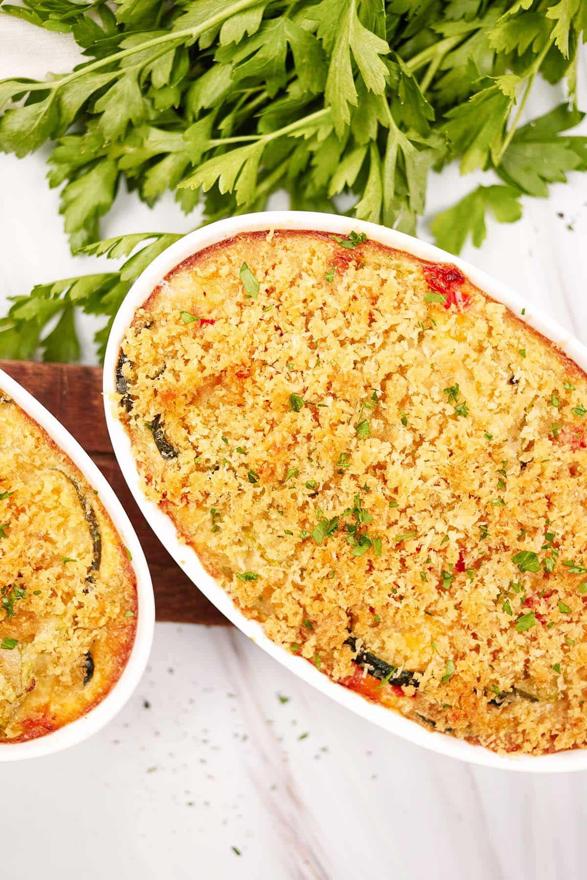 overhead view of a baking dish of mini squash casserole