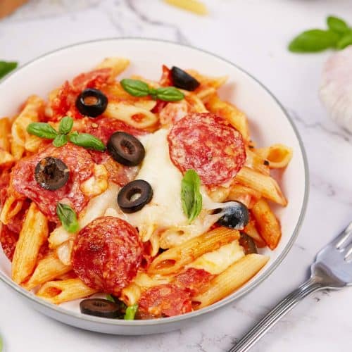 serving of pepperoni pasta bake in a bowl ready to enjoy