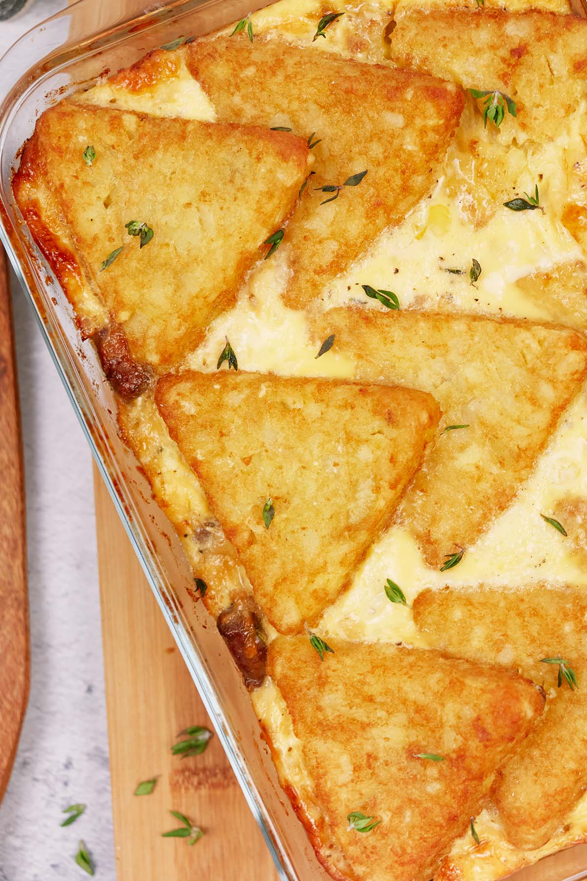 closeup of a baking dish of sausage hashbrown breakfast casserole
