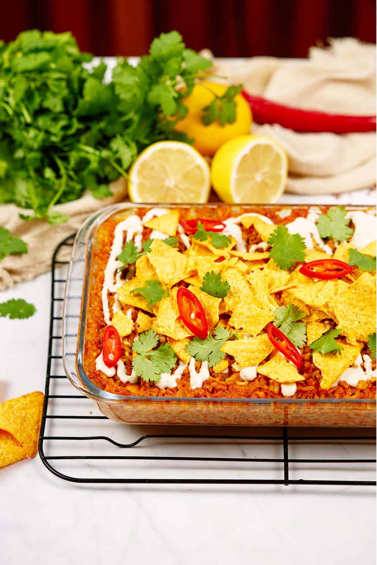 baking dish of shawarma casserole ready to serve