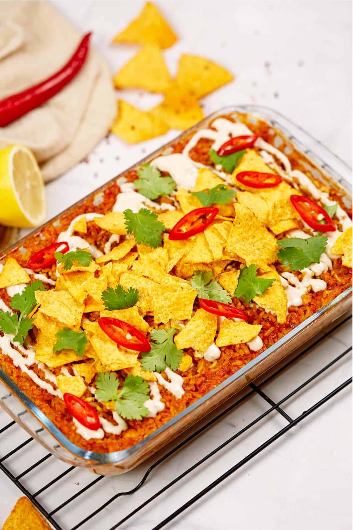 baking dish of shawarma casserole fresh from the oven