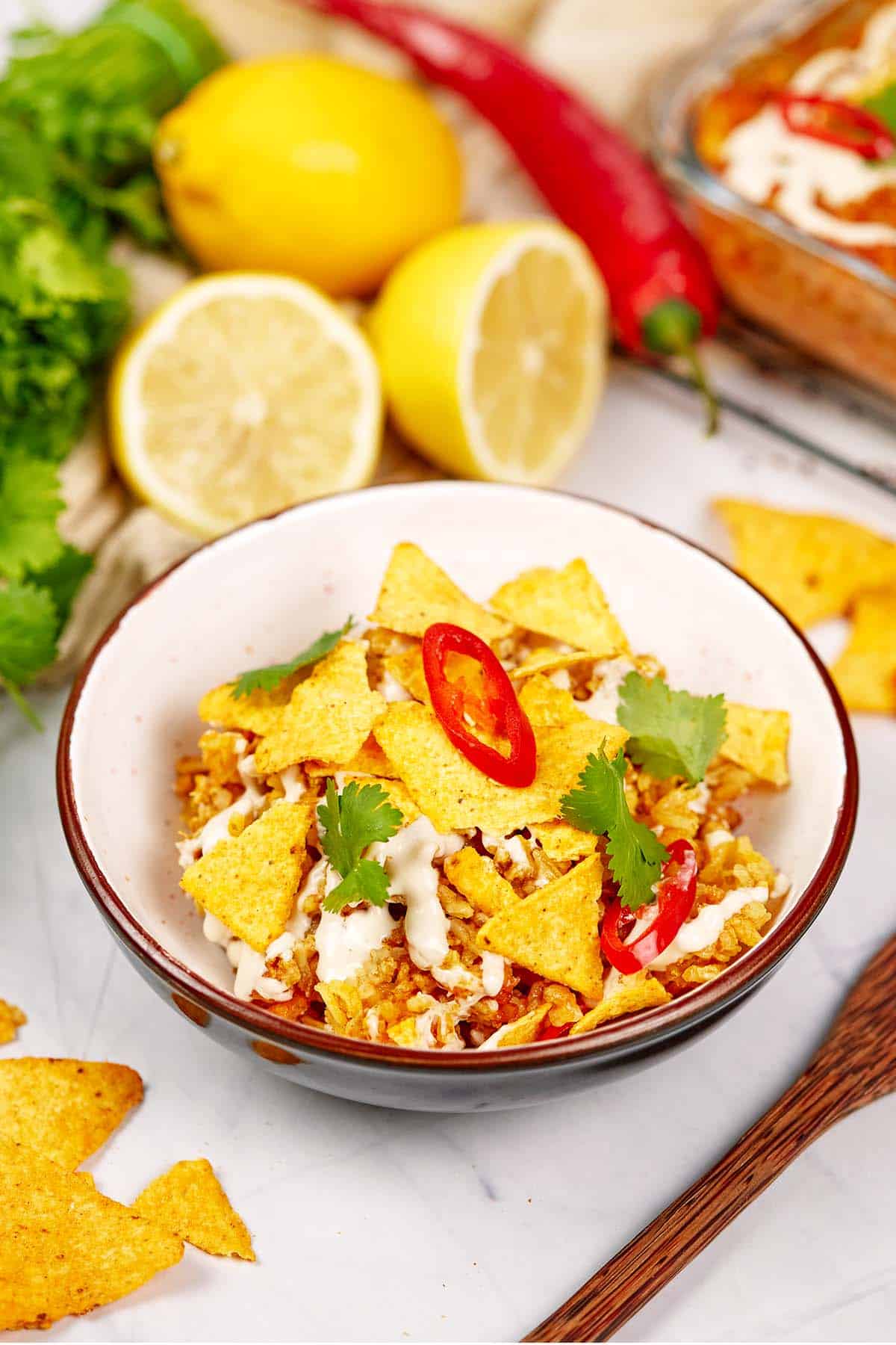 bowl of shawarma casserole on a table ready to enjoy